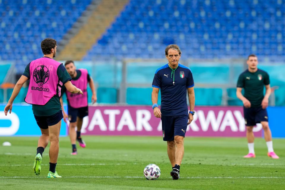 Roberto Mancini takes training ahead of Italy's match with Turkey (AP)