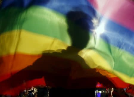 A gay man is silhoutted on a gay rainbow flag during a demonstration for gay rights in Hanoi, Vietnam, November 24, 2015. REUTERS/Kham