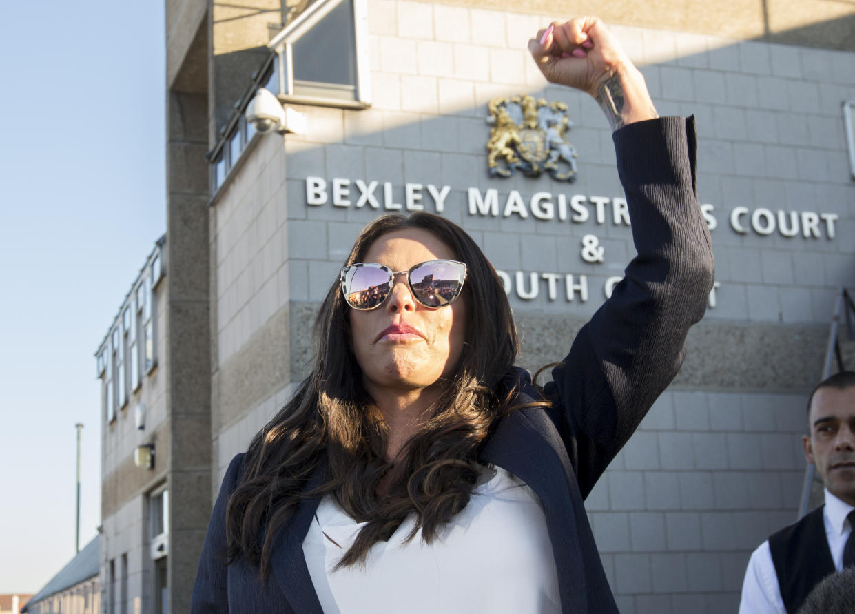 Katie Price outside Bexley Magistrates' Court following her drink driving trial where she was banned from driving for three months, adding to the ban from earlier this year for driving while disqualified.