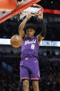 World forward Rui Hachimura, of the Washington Wizards, dunks against the U.S. during the first half of the NBA Rising Stars basketball game in Chicago, Friday, Feb. 14, 2020. (AP Photo/Nam Y. Huh)