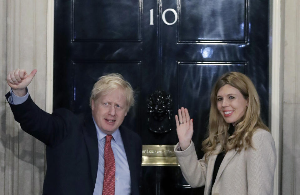 Boris Johnson and fiancee Carrie Symonds outside 10 Downing Street, London. She gave birth to their son on Wednesday.