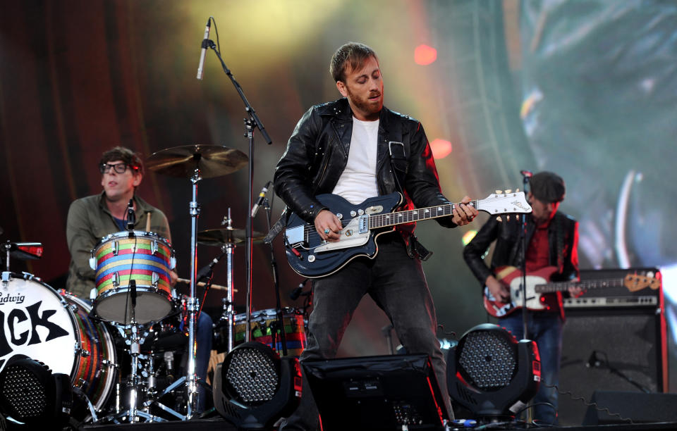 FILE - In this Sept. 29, 2012 file photo, guitarist Dan Auerbach, center, and drummer Patrick Carney of The Black Keys perform at the Global Citizen Festival in Central Park, in New York. The Black Keys are remaining vigilant when it comes to sound-a-like songs. The Nashville duo is suing Pinnacle Entertainment in New York federal court. (AP Photo by Evan Agostini/Invision/AP, File)