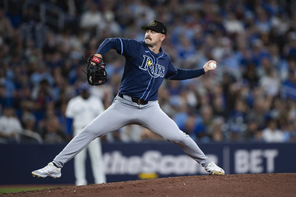 Tampa Bay Rays starting pitcher Tyler Alexander throws to a Toronto Blue Jays batter during the second inning of a baseball game Friday, May 17, 2024, in Toronto. (Christopher Katsarov/The Canadian Press via AP)