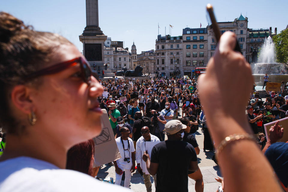  Activists gathered at Trafalgar Square during the George Floyd demonstration. Thousands came together for the protest, despite ongoing concerns over the possible spread of coronavirus and continuing calls by authorities for social distancing guidelines to be adhered to. Floyd, a black man, died as a white police officer, Derek Chauvin, knelt on his neck during an arrest in the US city of Minneapolis on May 25. Floyd's death, reminiscent of the chokehold death of Eric Garner at the hands of police officers in New York in 2014, has reignited the 'Black Lives Matter' movement against police brutality in the US, and left Minneapolis and major cities from coast to coast reeling from nights of rioting. (Photo by David Cliff / SOPA Images/Sipa USA) 