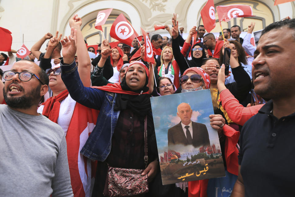 FILE - Supporters of Tunisian President Kais Saied stage a demonstration on Avenue Habib Bourguiba in support of the president's measures and against foreign interference, in the capital Tunis, Sunday, May 19, 2024. Tunisia presidency says the North African country will hold its next presidential elections on Oct. 6. Its increasingly authoritarian President Kais Saied has yet to announce if he will seek a second term after five tumultuous years of leading Tunisia, once seen as a model of democracy for the Arab world. (AP Photo/Anis Mili, File)