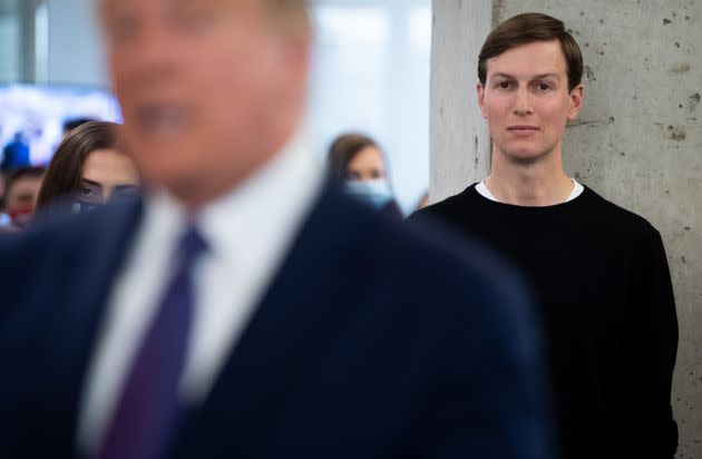 Jared Kushner listens as then-President Donald Trump visits his campaign headquarters in 2020. (Photo: SAUL LOEB via Getty Images)