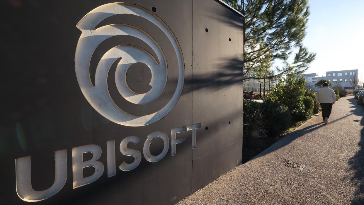  A man passes by the main entrance of Ubisoft video firm company where a strike call is planned on February 14, 2024, in Montpellier, south of France, on February 13, 2024. (Photo by Pascal GUYOT / AFP) (Photo by PASCAL GUYOT/AFP via Getty Images). 