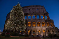 A Christmas tree stands illuminated in front of the Coliseum on December 9, 2012 in Rome, Italy. (Photo by Giorgio Cosulich/Getty Images)