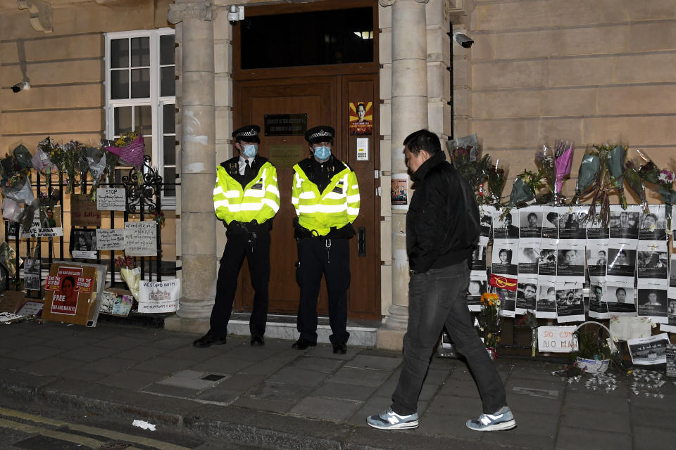 Kyaw Zwar Minn, the Myanmar ambassador, walks outside the Myanmar Embassy in London, Wednesday, April 7, 2021. Newspaper reports say the embassy was taken over by members of the country's new military regime Wednesday evening. (AP Photo/Alberto Pezzali)