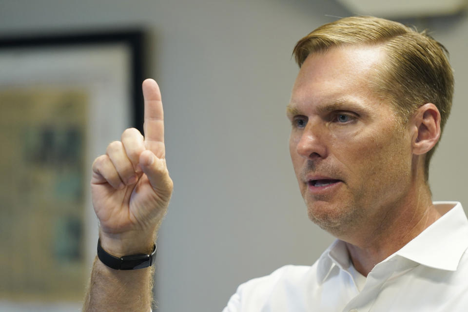 FILE - Rep. Michael Guest, R-Miss., speaks before a gathering of potential voters in Magee, Miss., June 16, 2022, as he seeks support for his runoff race against former Navy pilot Michael Cassidy in the Republican primary of Mississippi's 3rd Congressional District. (AP Photo/Rogelio V. Solis, File)
