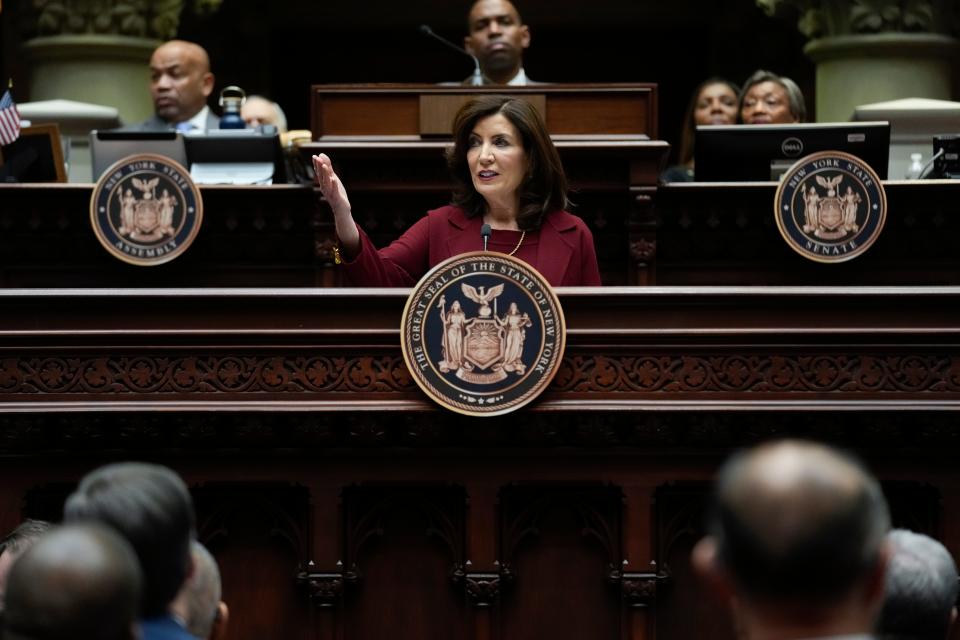 New York Gov. Kathy Hochul speaks during the State of the State address in Albany, N.Y., Tuesday, Jan. 9, 2024. (AP Photo/Seth Wenig)