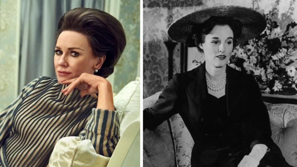 Naomi Watts as Barbara "Babe" Paley in "Feud: Capote Vs. The Swans" and the real Barbara "Babe" Paley (FX, Getty)