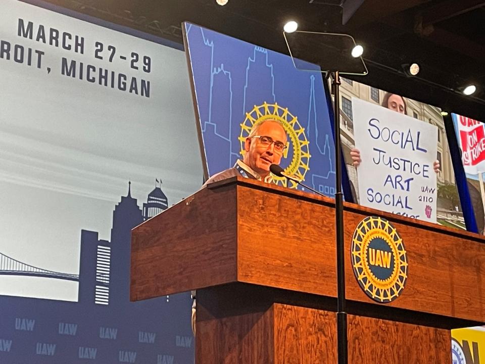 Newly elected union President Shawn Fain called it a "new day in the UAW" during the first day of the union's special bargaining convention Monday in Detroit.