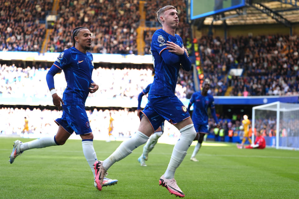 Chelsea's Cole Palmer (right) celebrates scoring their side's second goal of the game with team-mates during the Premier League match at Stamford Bridge, London. Picture date: Saturday September 28, 2024. (Photo by Bradley Collyer/PA Images via Getty Images)