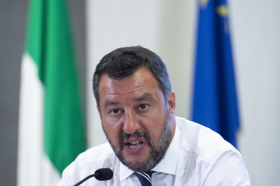 Italian deputy Premier and Interior Minister Matteo Salvini talks to journalists after he met with Entrepreneurs and Labor Unions representatives at the Viminale, the Interior Ministry building, in Rome, Tuesday, Aug. 6, 2019. (Maurizio Brambatti/ANSA Via AP)