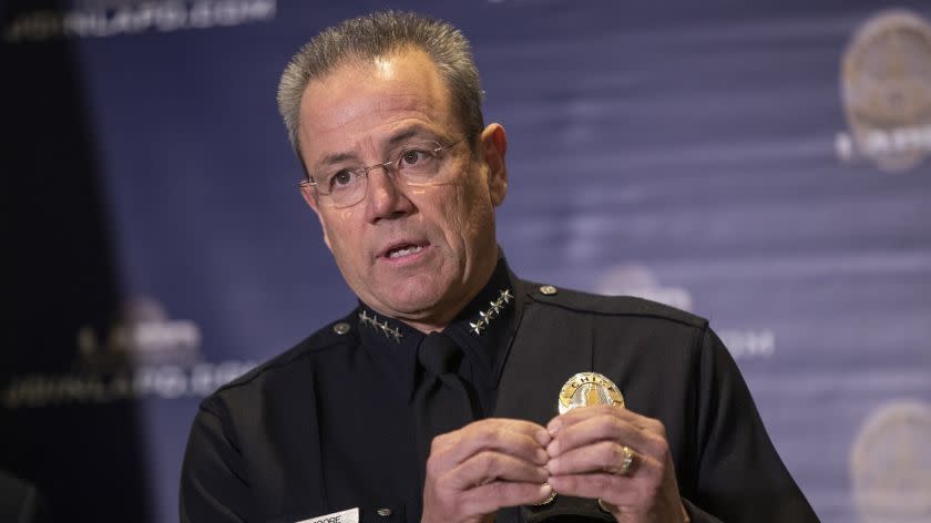 LOS ANGELES, CALIF. -- MONDAY, JANUARY 28, 2019: LAPD Chief Michel Moore announces that for the first time in five years, violent crime was down in Los Angeles in 2018, with the number of homicides on track to be among the lowest in more than 50 years during a press conference at LAPD headquarters in Los Angeles, Calif., on Jan. 28, 2019. (Allen J. Schaben / Los Angeles Times)