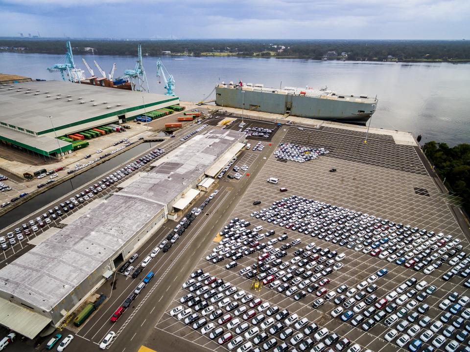 An aerial view shows the Southeast Toyota Distributors operation at the Talleyrand terminal at JaxPort. A new lease deal between the company and JaxPort will keep it in Jacksonville while move the operation to the Bount Island terminal.