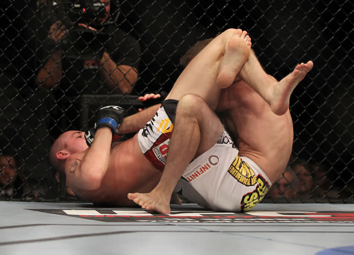 LAS VEGAS, NV - MAY 26: Paul Sass (left) attempts to submit Jacob Volkmann during a lightweight bout at UFC 146 at MGM Grand Garden Arena on May 26, 2012 in Las Vegas, Nevada.