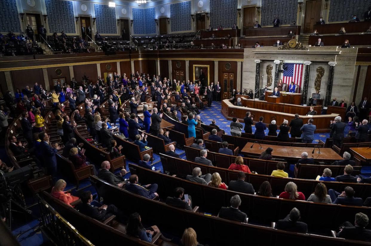 President Joe Biden delivers the State of the Union address in the U.S. Capitol on March 1, 2022, among many lawmakers who may want his job. <a href="https://www.gettyimages.com/detail/news-photo/president-joe-biden-delivers-the-state-of-the-union-address-news-photo/1238864019?adppopup=true" rel="nofollow noopener" target="_blank" data-ylk="slk:Jabin Botsford-Pool/Getty Images;elm:context_link;itc:0;sec:content-canvas" class="link ">Jabin Botsford-Pool/Getty Images</a>