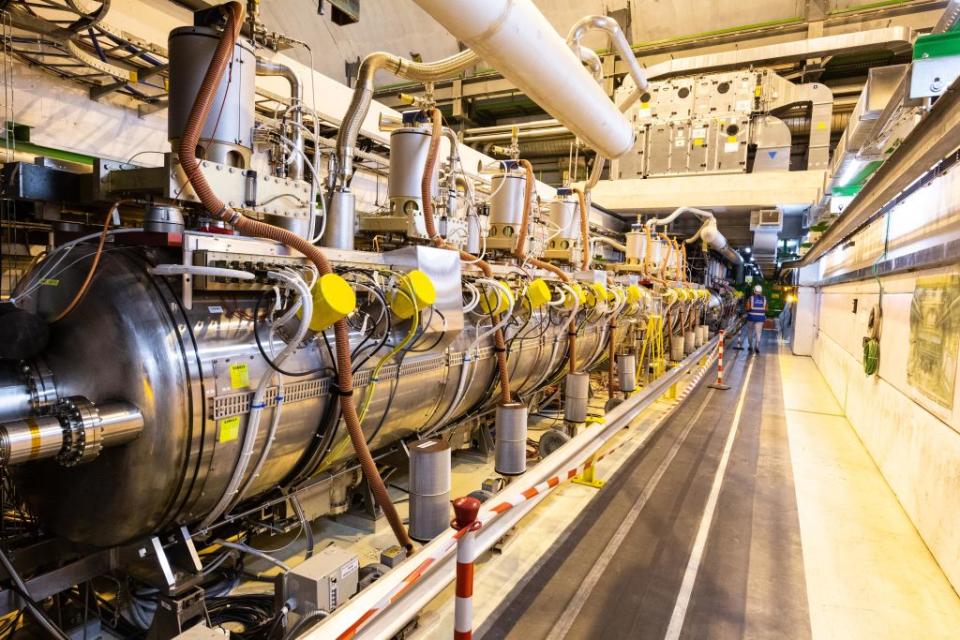 A part of complex Large Hadron Collider (LHC) is seen underground during the Open Days at the CERN particle physics research facility on September 14, 2019 in Meyrin, Switzerland. The 27km-long Large Hadron Collider is currently shut down for maintenance, which has created an opportunity to offer access to the public. CERN, the European Organization for Nuclear Research, is the world's largest laboratory for research into particle physics.<span class="copyright">Ronald Patrick-Getty Images</span>