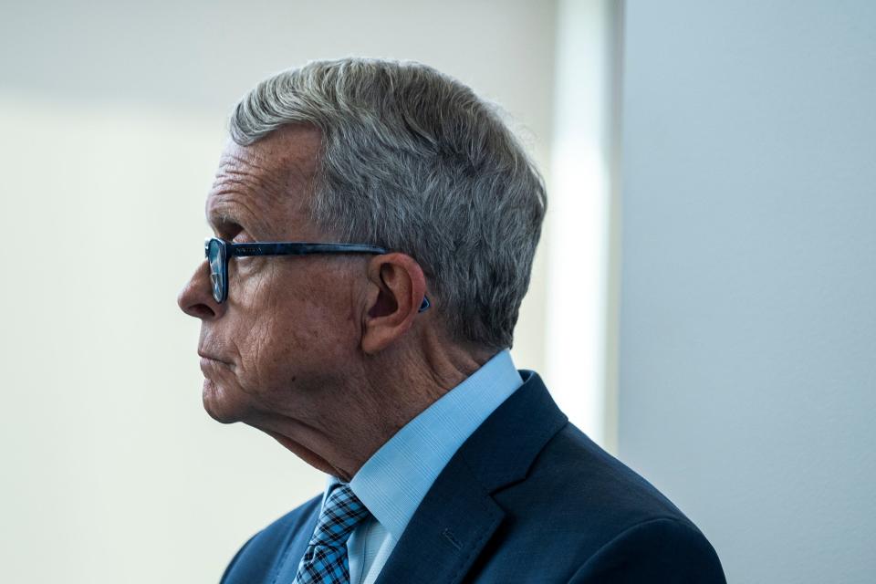 Sep 19, 2023; Columbus, Ohio, United States; Ohio Governor Mike DeWine listens during a press conference addressing the new initiatives being taken to identify guns that are being used in violent crimes to trace them back to their owners. 