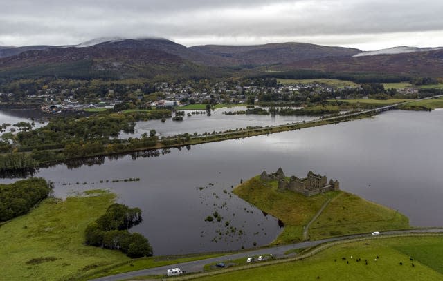 Flood water from the River Spey surrounds the ruins of Ruthven Barracks near Kingussie near Aviemore. 