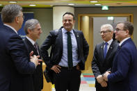 From left, Croatia's Prime Minister Andrej Plenkovic, Slovenia's Prime Minister Robert Golob, Ireland's Prime Minister Leo Varadkar, Bulgaria's Prime Minister Nikolai Denkov and Finland's Prime Minister Petteri Orpo talk during a round table meeting at an EU summit in Brussels, Thursday, Feb. 1, 2024. European Union leaders meet in Brussels for a one day summit to discuss the revision of the Multiannual Financial Framework 2021-2027, including support for Ukraine. (AP Photo/Geert Vanden Wijngaert)