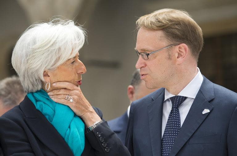 IMF managing director Christine Lagarde and Bundesbank president Jens Weidmann at the G7 finance ministers' summit in Dresden, eastern Germany, on May 28, 2015