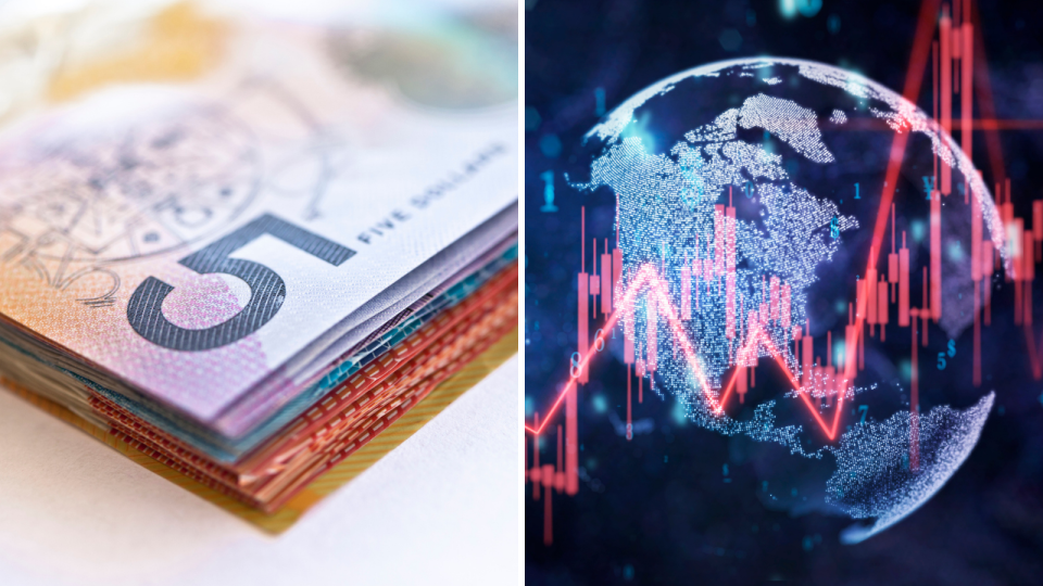 Stack of Australian currency notes, graphic of world, stock chart)