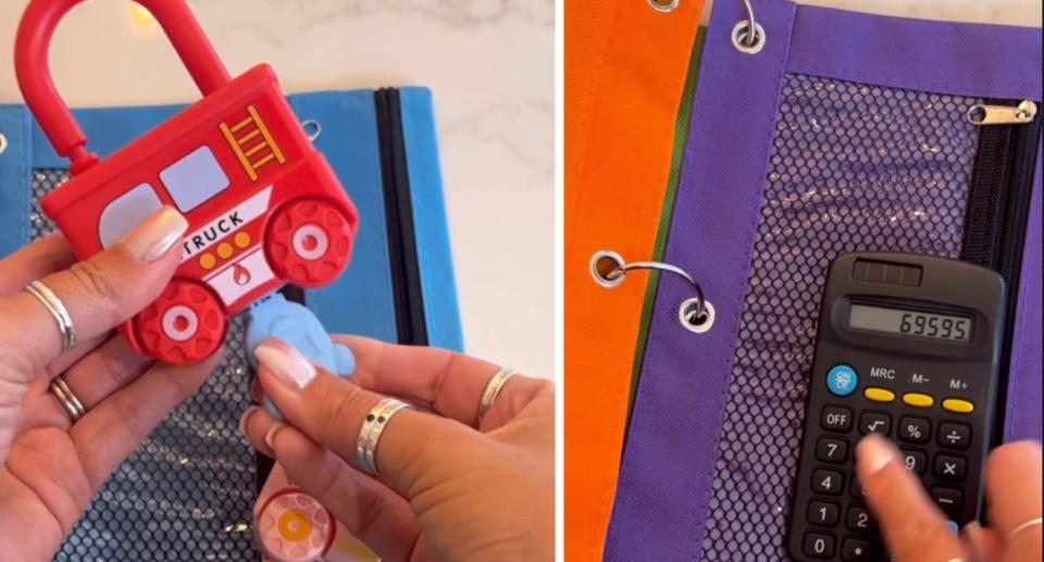 Sophie shared the contents of each zipped pocket, which included toy locks and calculators. Photo: Instagram/@mrshinchhome