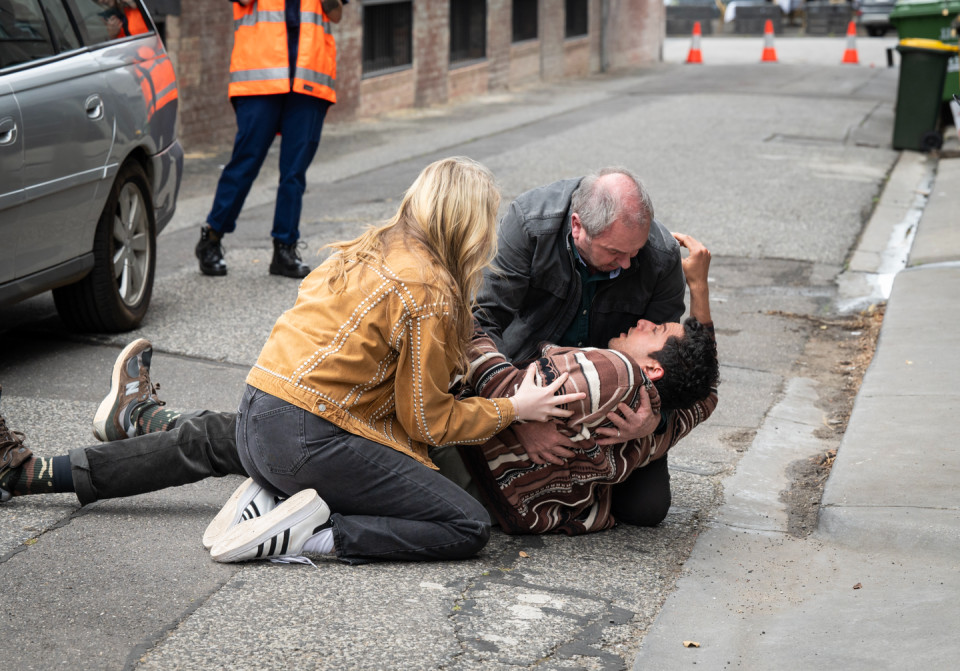 embargo 08042024 mackenzie hargreaves, karl kennedy and haz devkar in neighbours