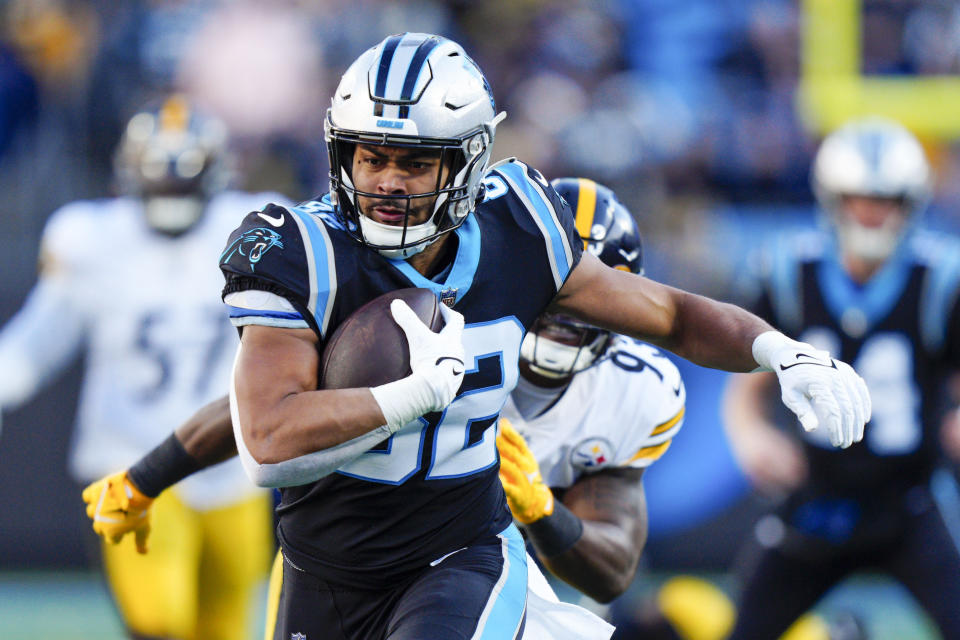 Carolina Panthers tight end Tommy Tremble runs during the second half of an NFL football game between the Carolina Panthers and the Pittsburgh Steelers on Sunday, Dec. 18, 2022, in Charlotte, N.C. (AP Photo/Jacob Kupferman)