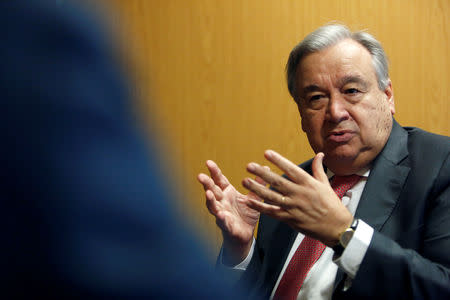 FILE PHOTO: United Nations Secretary-General Antonio Guterres gestures during an interview with Reuters on the opening day of Web Summit, Europe's biggest tech conference, in Lisbon, Portugal, November 5, 2018. REUTERS/Pedro Nunes/File Photo