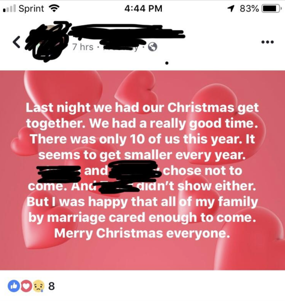 someone calling out specific family members for not showing up for their christmas gathering