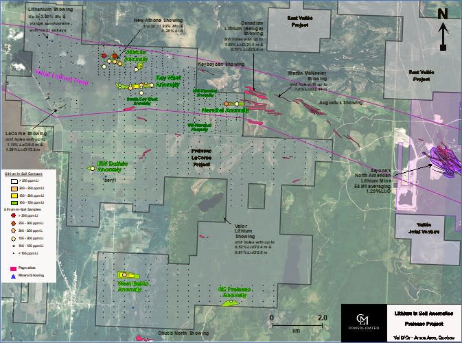 Lithium-in-soil anomalies defined by the 2022 and 2023 property-wide soil sampling program at the Preissac-LaCorne Project