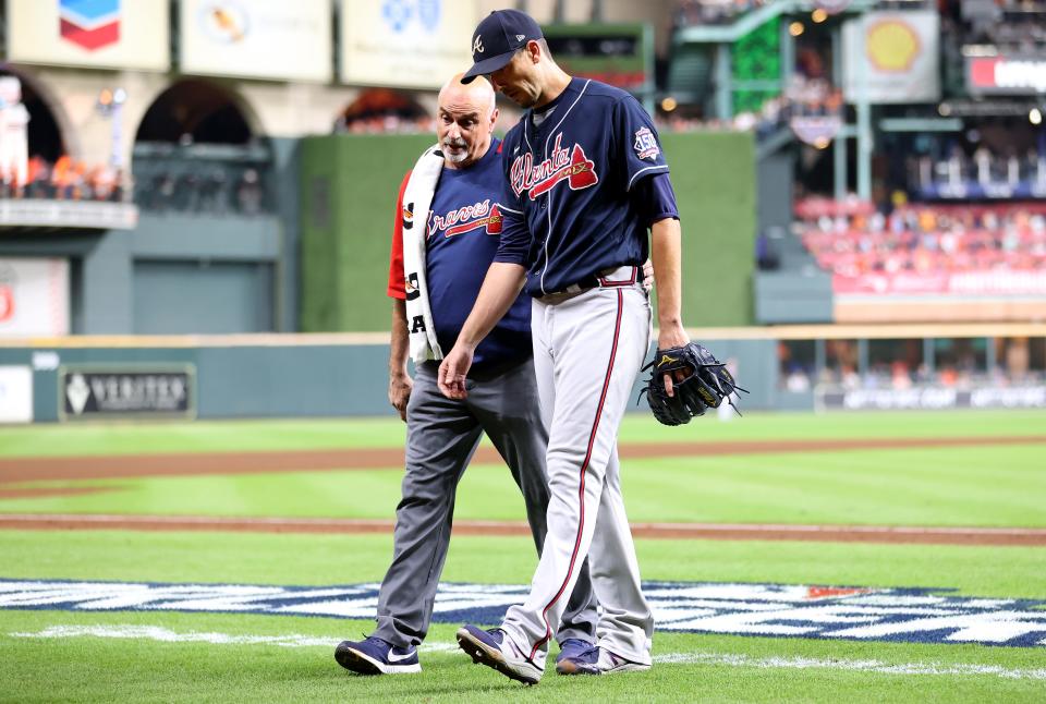 Atlanta starter Charlie Morton left World Series Game 1 in the third inning with a broken leg.