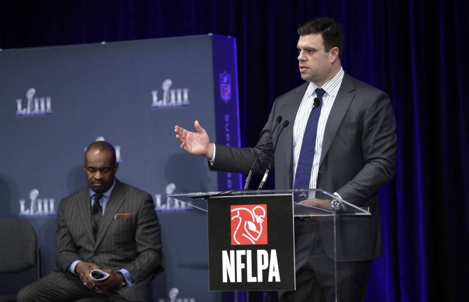 NFL Players Association President Eric Winston speaks during a news conference at the media center for the NFL Super Bowl 53 football game Thursday, Jan. 31, 2019, in Atlanta. (AP Photo/David J. Phillip)