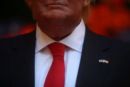 A U.S. and a Spanish flag pins are seen on a life-sized wax statue of U.S. President-elect Donald Trump during an unveiling ceremony at Madrid's wax museum in Madrid, Spain, January 17, 2017. REUTERS/Susana Vera