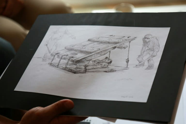 Albukai draws pictures of the horrors of Syrian prisons, like the torture contraption known as the 'Flying carpet'