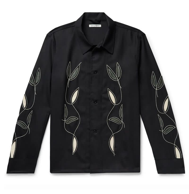 Leather-Appliquéd Embroidered Wool Shirt