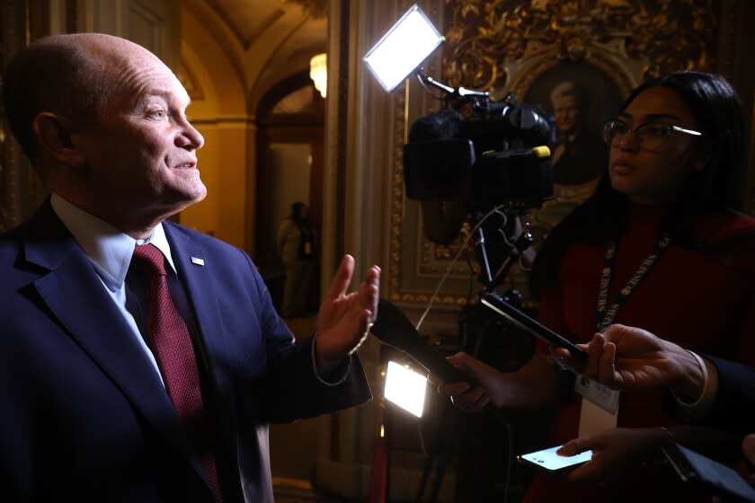 WASHINGTON, DC - JANUARY 23: Sen. Chris Coons (D-DE) talks to journalists in the Senate Reception Room at the U.S. Capitol during the third day of Trump's impeachment trial at the U.S. Capitol January 23, 2020 in Washington, DC. The House impeachment managers are presenting their case to senators on the third full day of the trial. (Photo by Chip Somodevilla/Getty Images) ** OUTS - ELSENT, FPG, CM - OUTS * NM, PH, VA if sourced by CT, LA or MoD **