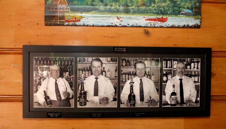 A series of photos shot the owners of Suscha's bar over the years. From left: Joseph Suscha, Sr., 1884-1968; Joseph Suscha, 1924-2013; Stanley Suscha, 1930- ; and current owner Ryan Lehmann as seen, Friday, June 17, 2022, in Sheboygan.