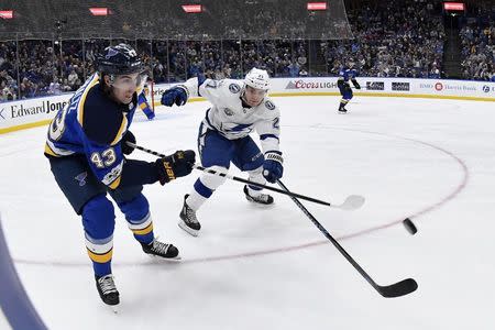 Dec 12, 2017; St. Louis, MO, USA; St. Louis Blues defenseman Jordan Schmaltz (43) clears the puck past Tampa Bay Lightning center Brayden Point (21) during the third period at Scottrade Center. Mandatory Credit: Jeff Curry-USA TODAY Sports