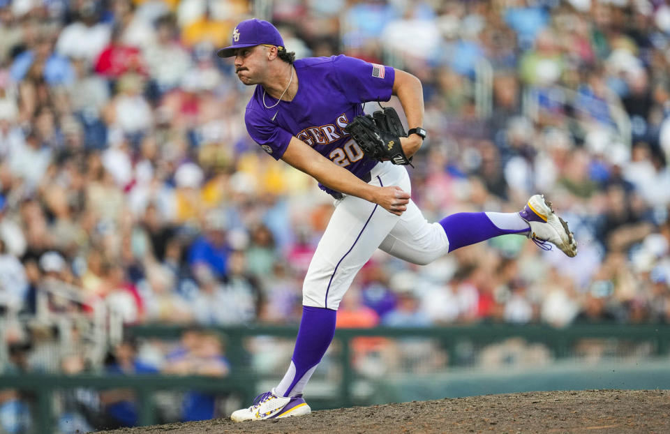 Paul Skenes pitching for LSU in the 2023 College World Series. (Jay Biggerstaff / Getty Images)