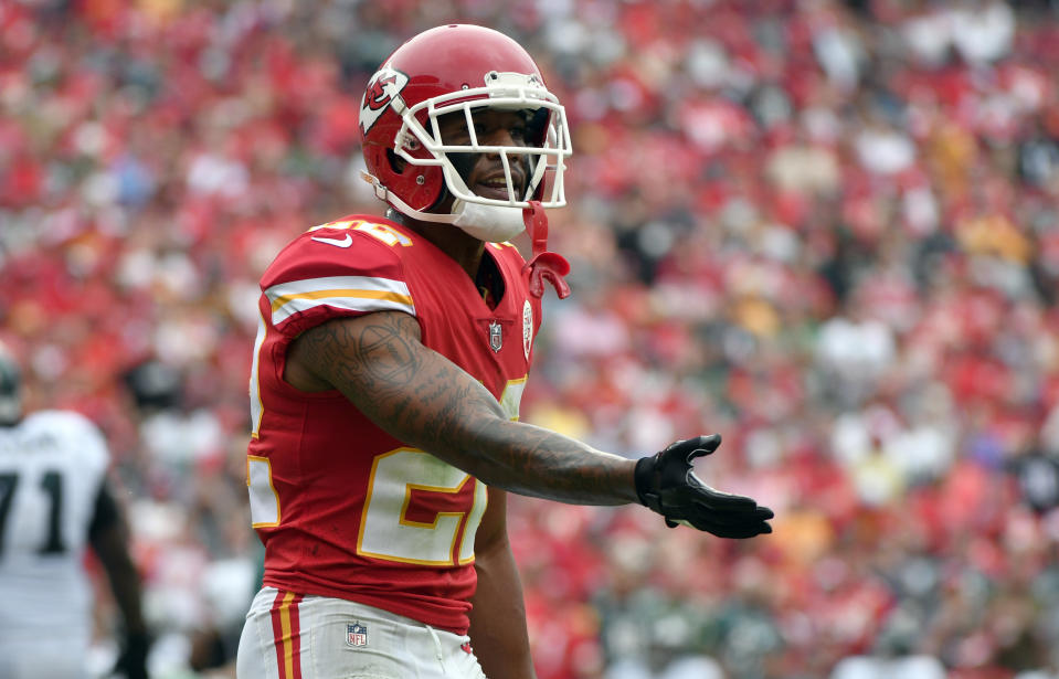 Kansas City Chiefs defensive back Marcus Peters (22) has continued to sit for the national anthem. (AP)