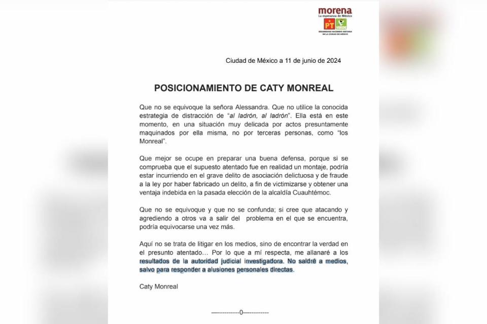 Posicionamiento de Caty Monreal. Foto: Captura de pantalla