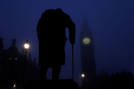 FILE PHOTO: The Houses of Parliament and a statue of Winston Churchill are seen on a foggy morning in London, Britain, December 30, 2016. REUTERS/Stefan Wermuth/File Photo