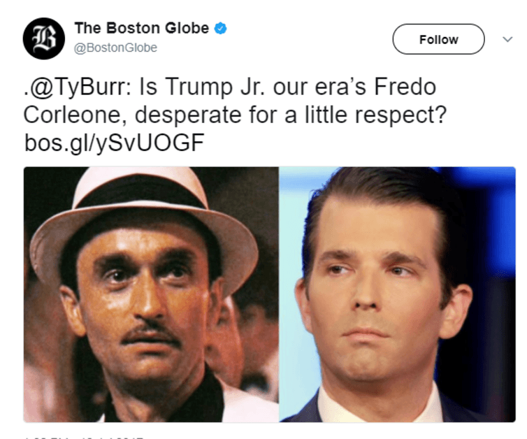<span class="caption">Separated at birth? Fredo Corleone and Donald Trump Jr.</span> <span class="attribution"><span class="source">Boston Globe via Twitter</span></span>