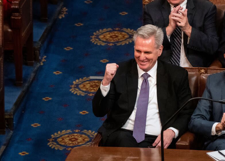 WASHINGTON, DC - JANUARY 04: Rep. Kevin McCarthy (R-CA) pumps his fistafter voting for himself for Speaker of the House on the floor of the House Chamber of the U.S. Capitol Building on Wednesday, Jan. 4, 2023 in Washington, DC. After three failed attempts to successfully vote for Speaker of the House, the members of the 118th Congress is expected to try again today. (Kent Nishimura / Los Angeles Times)