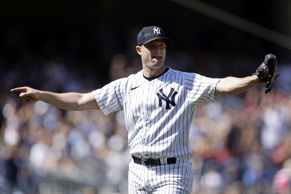 New York Yankees pitcher Gerrit Cole reacts after the final out of the top half of the sixth inning of a baseball game against the San Diego Padres on Sunday, May 28, 2023, in New York. (AP Photo/Adam Hunger)